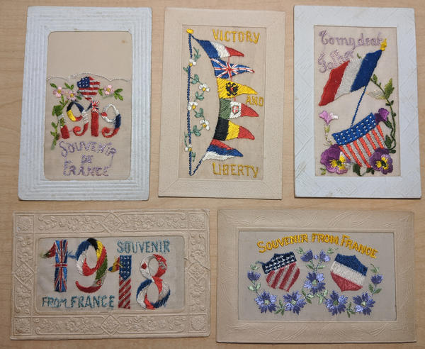 Lot of 5 WWI Patriotic Embroidered Silk Postcards World War I