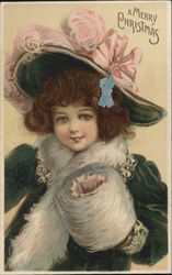 Merry Christmas - Girl With Blue Bow, Brown Hair Postcard