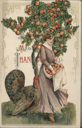 Woman picking apples with turkey Pop-up Novelty Postcard