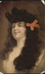 Woman with Long, Curly, Brown Real Hair, Peach Bow Postcard