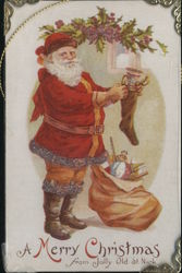 Jolly Old St. Nick Stuffing a Stocking - Glitter Accents and Metal Frame Postcard