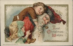 Santa With Children, Glitter Beard, Attached Bow Santa Claus Postcard Postcard Postcard