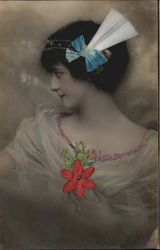 Antique Photograph Color Woman in Lovely Gown With Bows Silk & Fabric Applique Postcard Postcard Postcard