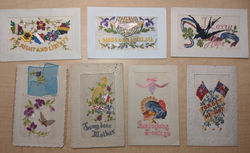 Lot of 7: WWI-era Patriotic Silk Postcards Hands Across Sea, Greetings Embroidered Silk Postcard Postcard Postcard