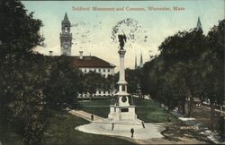 Soldiers' Monument and Common Worcester, MA Postcard Postcard Postcard