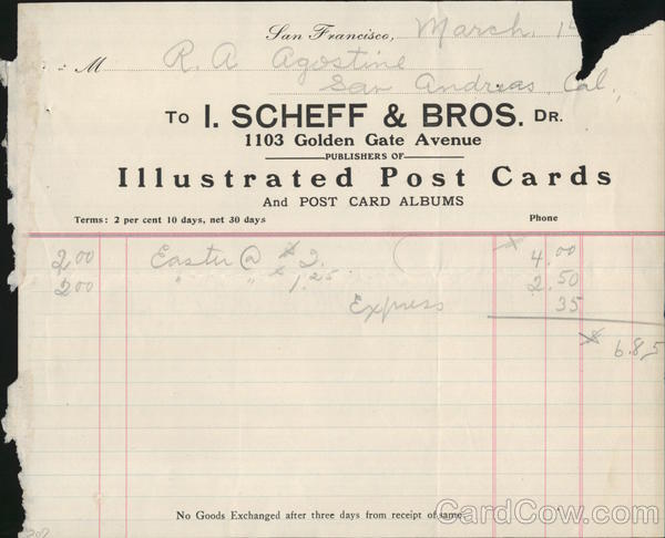 I. Scheff & Bros. Illustrated Post Cards Receipt San Francisco California