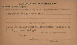 Catalog Acknowledgment Card, United Factories Company Postcard