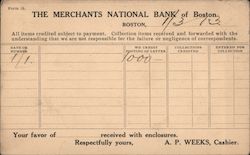 Merchants National Bank of Boston Receipt Postcard