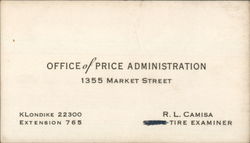 Office of Price Administration R. L. Camisa Tire Examiner Business Card