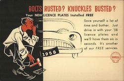 1958 Advertisment for Shell's free service of putting on new licence plates for vechiles Advertising Postcard Postcard Postcard