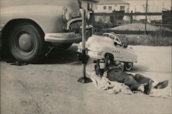 Boy fixing Toy Pedal Car Photographic Art Postcard Postcard Postcard