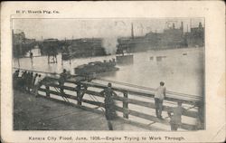 Kansas City Flood, June, 1908. Engine Trying To Work Through Missouri Postcard Postcard Postcard