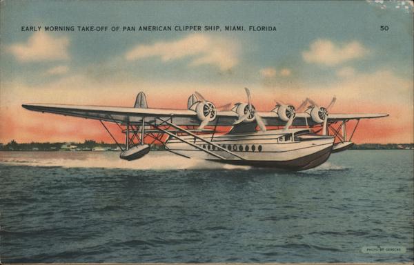 Early Morning Take-Off of Pan American Clipper Ship Miami, FL Postcard