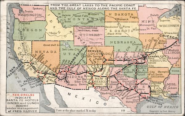 Map of Santa Fe Hotels, Dining and Lunch Rooms, Fred Harvey Maps Postcard