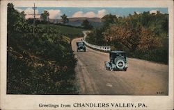 Greetings - Two Cars on a Dirt Road in the Country Chandlers Valley, PA Postcard Postcard Postcard