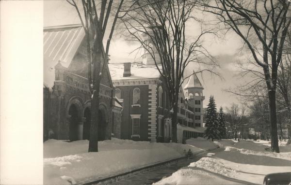 Library, Court House, Street Scene in Winter Woodstock, VT Postcard