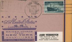 1952 Maiden Voyage SS United States Postal History Postcard