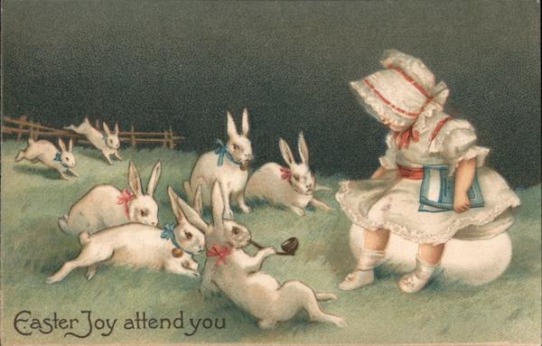 Easter Joy Attend You A Girls Sits On An Egg And Watches Rabbits Frolic With Bunnies Postcard 