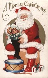 A Merry Christmas, Santa Puts a Doll in a Stocking, Drum at Feet Postcard