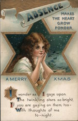 A Merry Xmas - a girl framed by a star looks lout longingly Children Postcard Postcard Postcard