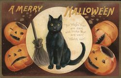 A Merry Halloween - black cat with pumpkins Postcard