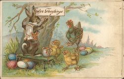 Rabbit Posting Easter Greetings Sign for Chickens With Chicks Postcard Postcard Postcard