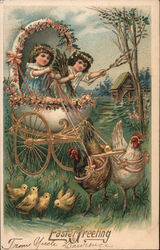 Easter Greeting - Two Children in a Chicken-Drawn Eggshell Carriage Postcard