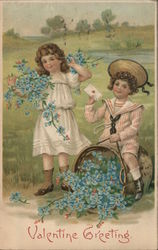 Valentine Greeting, Boy and Girl with Bushel of Blue Forget-Me-Not Flowers Postcard