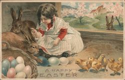 A Happy Easter - a girl surrounded by rabbits and chicks With Children Postcard Postcard Postcard