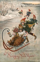 Happy New Year! Children Skate and Sled on Ice Postcard Postcard Postcard