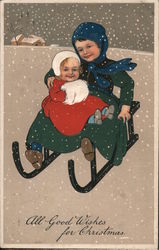 All Good Wishes for Christmas - two children on a sled Postcard Postcard Postcard