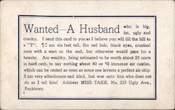 Wanted - A Husband who is big, fat, ugly and cranky. Postcard