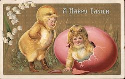 A Happy Easter, Two Children in Chick Costumes Emerge from Egg Postcard