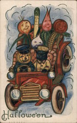 Hallowe'en - Many Anthropomorphic Vegetables and a Black Cat Drive a Motorcar Halloween Postcard Postcard Postcard