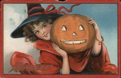 Hallowe'en, Young Girl Witch Holds Jack-o-Lantern Halloween Postcard Postcard Postcard