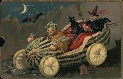 Hallowe'en - A pumpkin is driving a witch and cat in a car made of squash Halloween Postcard Postcard Postcard