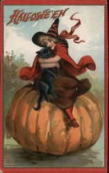 Hallowe'en - Young Witch on Giant Pumpkin Hugs Black Cat Halloween Postcard Postcard Postcard