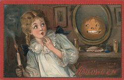 Halloween - A girl holding a candle is frightened by a pumpkin face in the mirror Postcard