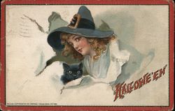 Halloween - Witch Girl and Black Cat Postcard Postcard Postcard