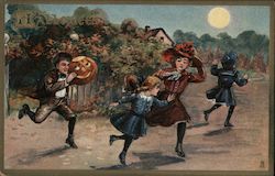 Halloween, Boy with Jack-o-Lantern Chases Girls in the Moonlight Postcard