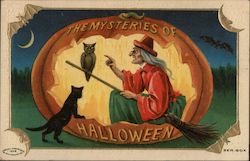 The Mysteries of Halloween - A witch with her cat and owl inside a pumpkin Postcard Postcard Postcard