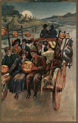 Halloween, People on a Hayride with Jack-o-Lanterns Postcard