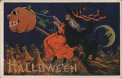 Hallowe'en - A Witch Riding Broomstick over Hay Fields by Moonlight with Jack-o-lantern Halloween Postcard Postcard Postcard