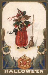 Hallowe'en Witch, Brooms and Black Cats Halloween Postcard Postcard Postcard