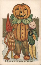 Halloween, Jack-o-Lantern Man with other Anthropomorphic Vegetable Creatures Postcard