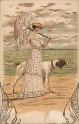 Woman by the beach with parasol and dog Women Postcard Postcard Postcard