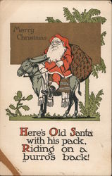 Here's Old Santa with his pack, Riding on a burro's back! Merry Christmas Postcard