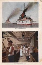 Battleship Missouri - illustration of the ship and the cook's galley Battleships Postcard Postcard Postcard