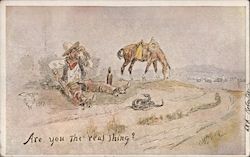 Are you the Real Thing? Cowboy with Whiskey Bottle Observes Rattlesnake Charles Marion Russell Postcard Postcard Postcard