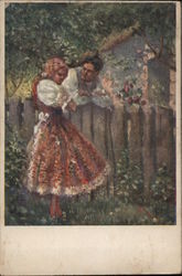 Young man smiles at shy young woman over a garden fence Couples J. Tichovsky Postcard Postcard Postcard